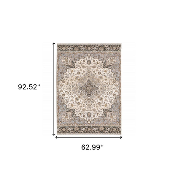 HomeRoots 2' Elegant Ivory and Blue Oriental Runner Rug - Stain Resistant, Durable, and Timeless Design 5' X 8' 509369
