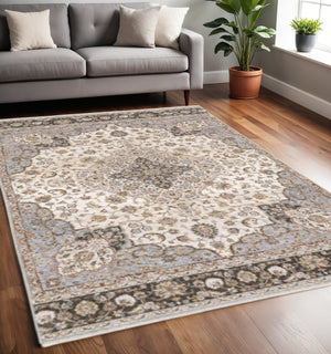 HomeRoots 2' Elegant Ivory and Blue Oriental Runner Rug - Stain Resistant, Durable, and Timeless Design 5' X 8' 509369