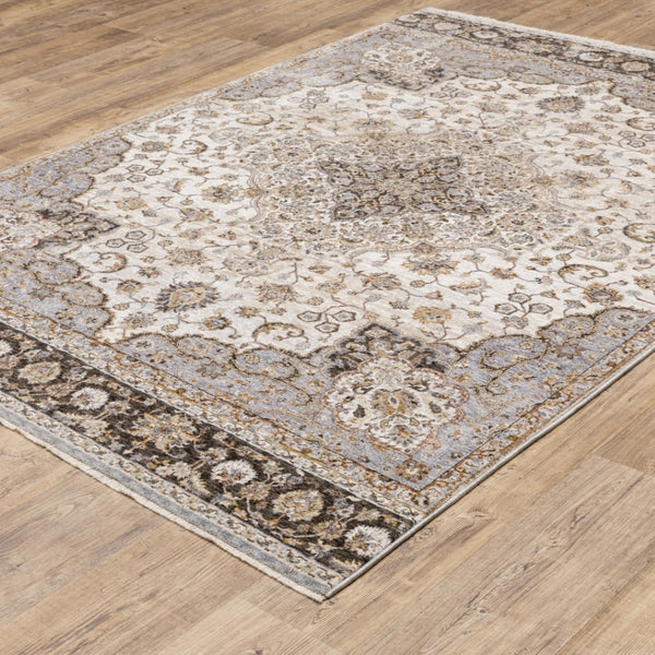 HomeRoots 2' Elegant Ivory and Blue Oriental Runner Rug - Stain Resistant, Durable, and Timeless Design 5' X 8' 509369