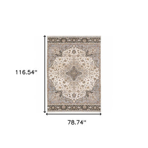 HomeRoots 2' Elegant Ivory and Blue Oriental Runner Rug - Stain Resistant, Durable, and Timeless Design 7' X 10' 509370