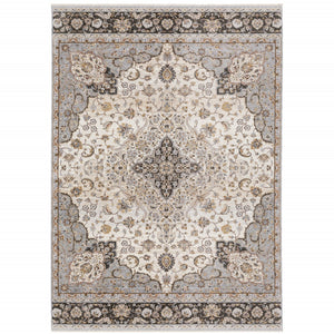 HomeRoots 2' Elegant Ivory and Blue Oriental Runner Rug - Stain Resistant, Durable, and Timeless Design 8' X 11' 509371