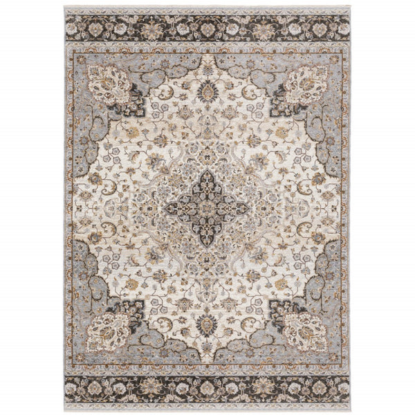 HomeRoots 2' Elegant Ivory and Blue Oriental Runner Rug - Stain Resistant, Durable, and Timeless Design 8' X 11' 509371