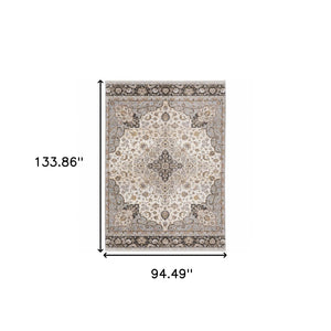 HomeRoots 2' Elegant Ivory and Blue Oriental Runner Rug - Stain Resistant, Durable, and Timeless Design 8' X 11' 509371