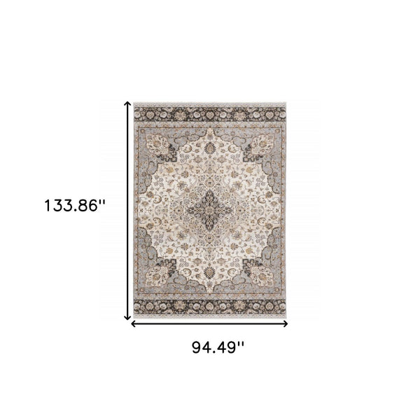 HomeRoots 2' Elegant Ivory and Blue Oriental Runner Rug - Stain Resistant, Durable, and Timeless Design 8' X 11' 509371