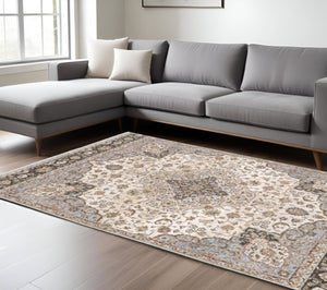 HomeRoots 2' Elegant Ivory and Blue Oriental Runner Rug - Stain Resistant, Durable, and Timeless Design 8' X 11' 509371