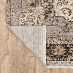 HomeRoots 2' Elegant Ivory and Blue Oriental Runner Rug - Stain Resistant, Durable, and Timeless Design 8' X 11' 509371