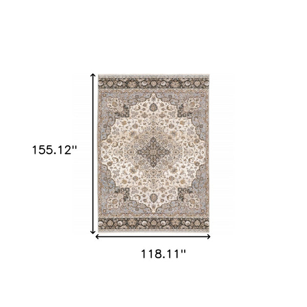 HomeRoots 2' Elegant Ivory and Blue Oriental Runner Rug - Stain Resistant, Durable, and Timeless Design 10' X 13' 509372