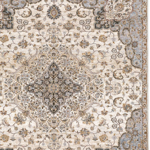 HomeRoots 2' Elegant Ivory and Blue Oriental Runner Rug - Stain Resistant, Durable, and Timeless Design 10' X 13' 509372