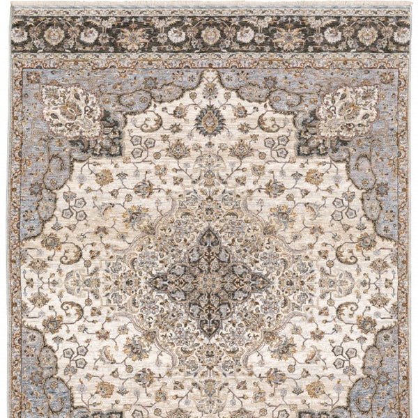 HomeRoots 2' Elegant Ivory and Blue Oriental Runner Rug - Stain Resistant, Durable, and Timeless Design 10' X 13' 509372