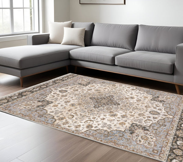HomeRoots 2' Elegant Ivory and Blue Oriental Runner Rug - Stain Resistant, Durable, and Timeless Design 10' X 13' 509372