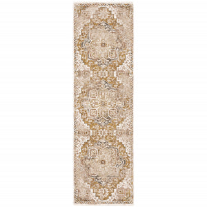 Homeroots 2' X 8' Gold And Ivory Oriental Power Loom Stain Resistant Runner Rug With Fringe  Polyester 509373