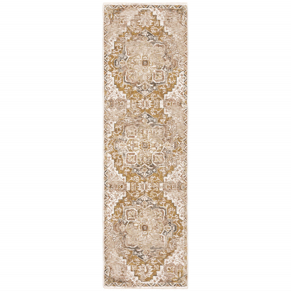 Homeroots 2' X 8' Gold And Ivory Oriental Power Loom Stain Resistant Runner Rug With Fringe  Polyester 509373