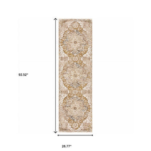 HomeRoots 2' Gold and Ivory Oriental Runner Rug – Stain Resistant, Elegant, Power-Loomed with Tassel Fringe 2'3" x 7'6" 509373