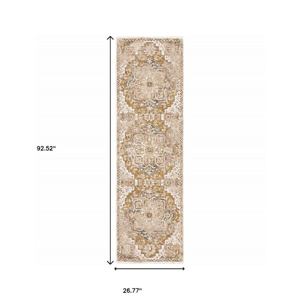 HomeRoots 2' Gold and Ivory Oriental Runner Rug – Stain Resistant, Elegant, Power-Loomed with Tassel Fringe 2'3" x 7'6" 509373