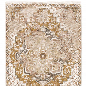 Homeroots 2' X 8' Gold And Ivory Oriental Power Loom Stain Resistant Runner Rug With Fringe  Polyester 509373