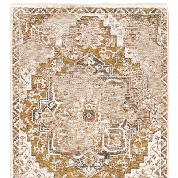 Homeroots 2' X 8' Gold And Ivory Oriental Power Loom Stain Resistant Runner Rug With Fringe  Polyester 509373