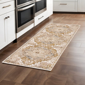 HomeRoots 2' Gold and Ivory Oriental Runner Rug – Stain Resistant, Elegant, Power-Loomed with Tassel Fringe 2'3" x 7'6" 509373