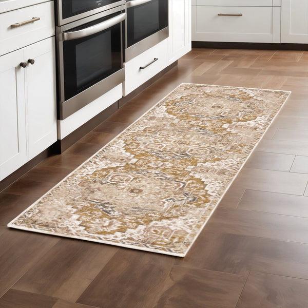 HomeRoots 2' Gold and Ivory Oriental Runner Rug – Stain Resistant, Elegant, Power-Loomed with Tassel Fringe 2'3" x 7'6" 509373