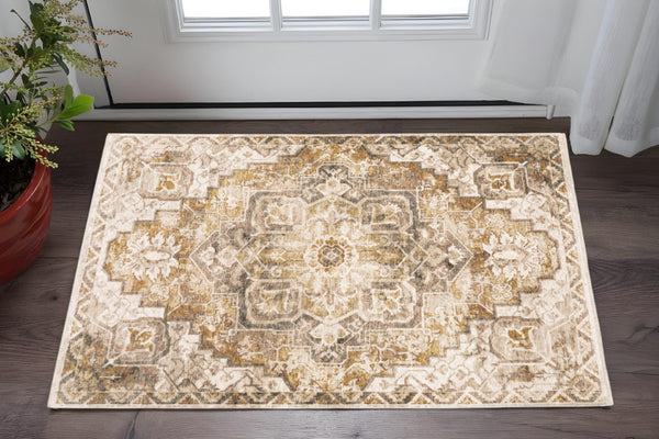 HomeRoots 2' Gold and Ivory Oriental Runner Rug – Stain Resistant, Elegant, Power-Loomed with Tassel Fringe 3' x 5' 509375