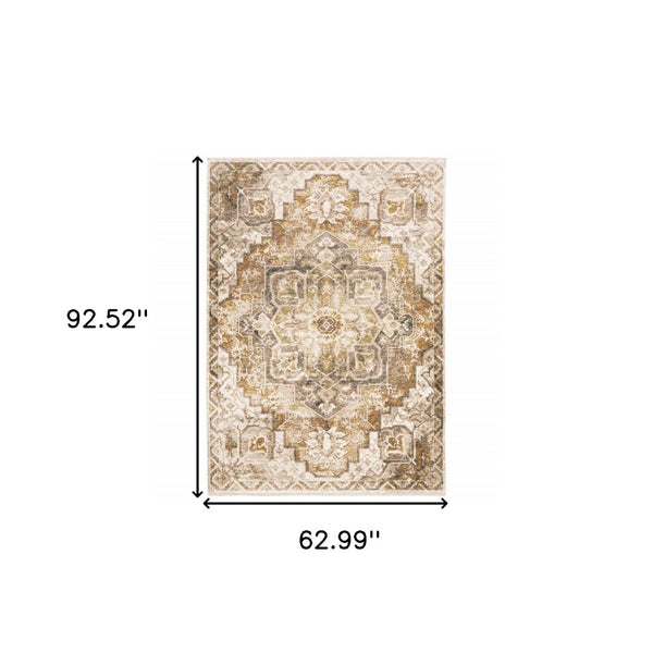 HomeRoots 2' Gold and Ivory Oriental Runner Rug – Stain Resistant, Elegant, Power-Loomed with Tassel Fringe 5' X 8' 509376