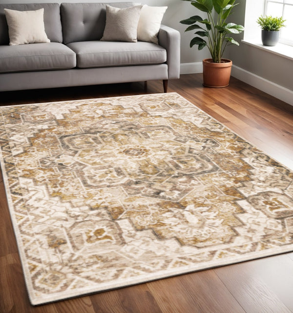 HomeRoots 2' Gold and Ivory Oriental Runner Rug – Stain Resistant, Elegant, Power-Loomed with Tassel Fringe 5' X 8' 509376