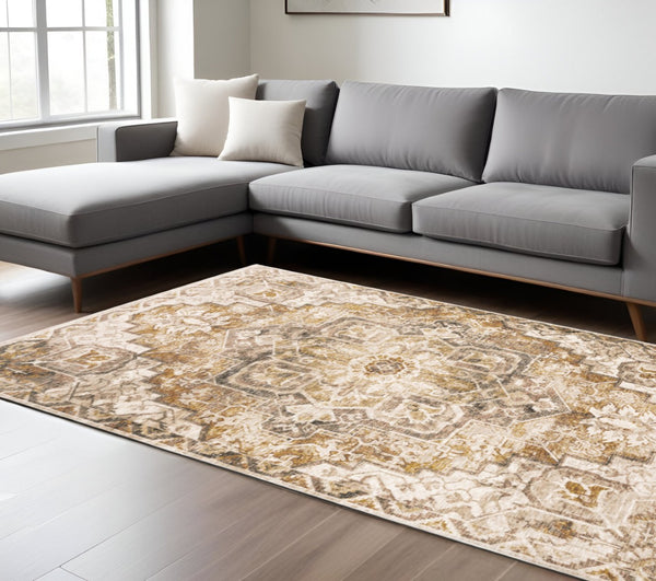 HomeRoots 2' Gold and Ivory Oriental Runner Rug – Stain Resistant, Elegant, Power-Loomed with Tassel Fringe 7' X 10' 509377