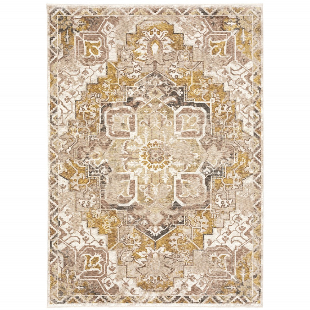 HomeRoots 2' Gold and Ivory Oriental Runner Rug – Stain Resistant, Elegant, Power-Loomed with Tassel Fringe 8' X 11' 509378