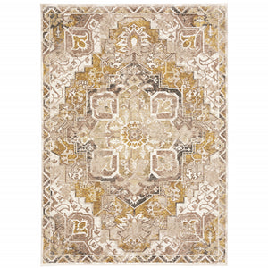Homeroots 8' X 11' Gold And Ivory Oriental Power Loom Stain Resistant Area Rug With Fringe  Polyester 509378