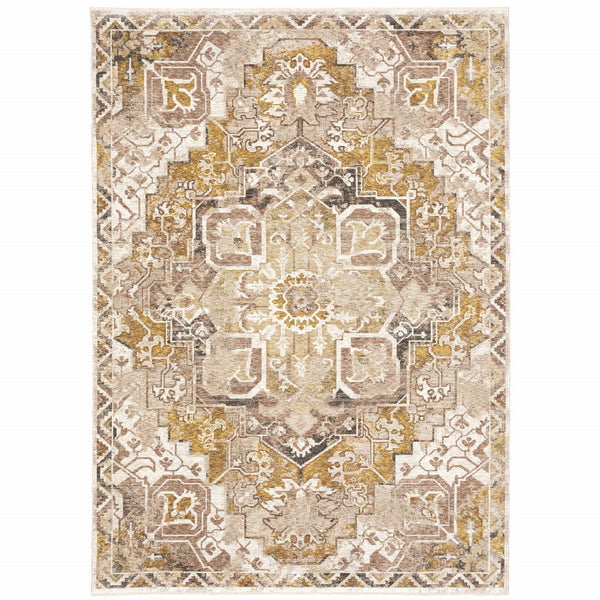 Homeroots 8' X 11' Gold And Ivory Oriental Power Loom Stain Resistant Area Rug With Fringe  Polyester 509378