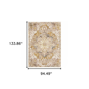 HomeRoots 2' Gold and Ivory Oriental Runner Rug – Stain Resistant, Elegant, Power-Loomed with Tassel Fringe 8' X 11' 509378