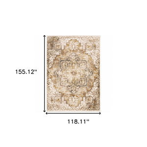 HomeRoots 2' Gold and Ivory Oriental Runner Rug – Stain Resistant, Elegant, Power-Loomed with Tassel Fringe 10' X 13' 509379