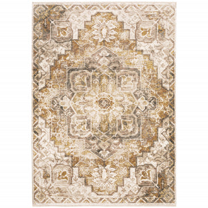 Homeroots 10' X 13' Gold And Ivory Oriental Power Loom Stain Resistant Area Rug With Fringe  Polyester 509379