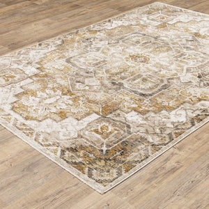 Homeroots 10' X 13' Gold And Ivory Oriental Power Loom Stain Resistant Area Rug With Fringe  Polyester 509379