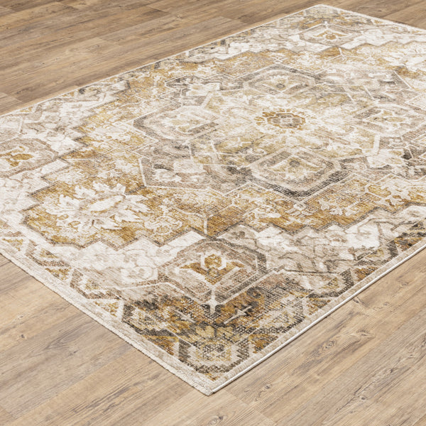 Homeroots 10' X 13' Gold And Ivory Oriental Power Loom Stain Resistant Area Rug With Fringe  Polyester 509379