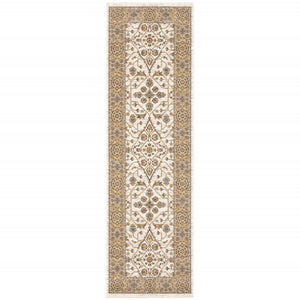 HomeRoots 2' Elegant Ivory and Gold Oriental Runner Rug – Stain-Resistant, Soft Cut Pile for High Traffic Areas 2'3" x 7'6" 509380
