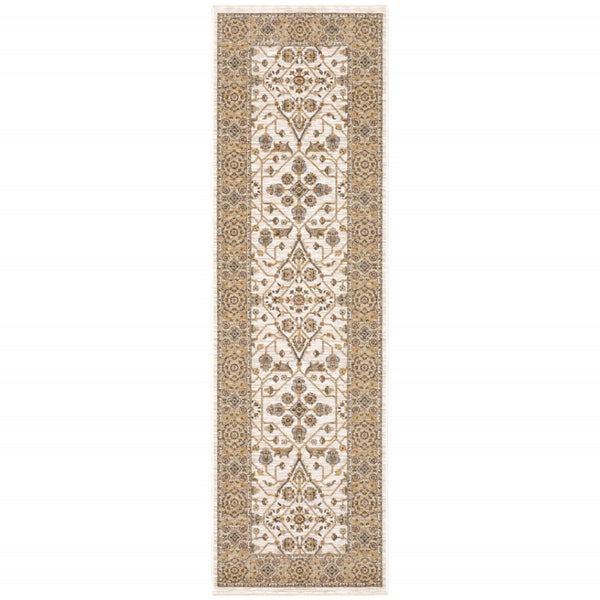 HomeRoots 2' Elegant Ivory and Gold Oriental Runner Rug – Stain-Resistant, Soft Cut Pile for High Traffic Areas 2'3" x 7'6" 509380