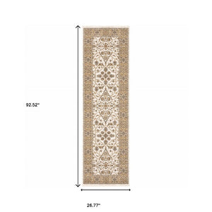 HomeRoots 2' Elegant Ivory and Gold Oriental Runner Rug – Stain-Resistant, Soft Cut Pile for High Traffic Areas 2'3" x 7'6" 509380