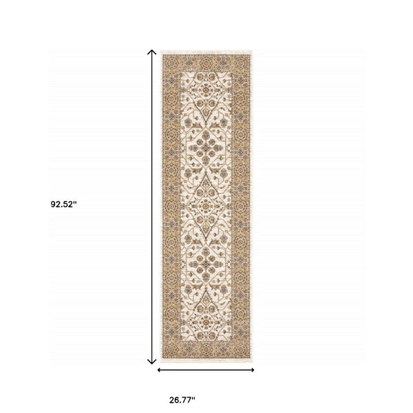 HomeRoots 2' Elegant Ivory and Gold Oriental Runner Rug – Stain-Resistant, Soft Cut Pile for High Traffic Areas 2'3" x 7'6" 509380