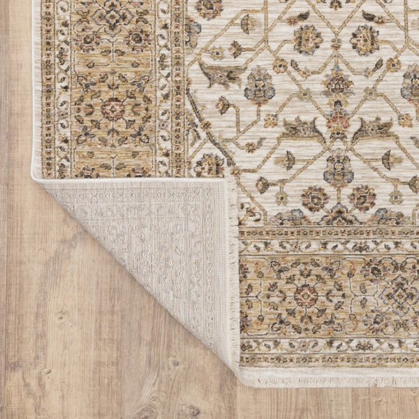 HomeRoots 2' Elegant Ivory and Gold Oriental Runner Rug – Stain-Resistant, Soft Cut Pile for High Traffic Areas 2'3" x 7'6" 509380
