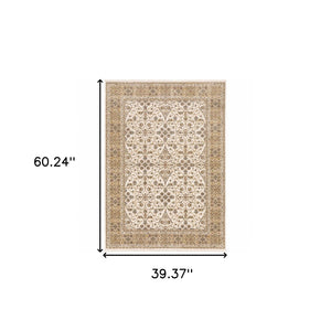 HomeRoots 2' Elegant Ivory and Gold Oriental Runner Rug – Stain-Resistant, Soft Cut Pile for High Traffic Areas 3' x 5' 509382