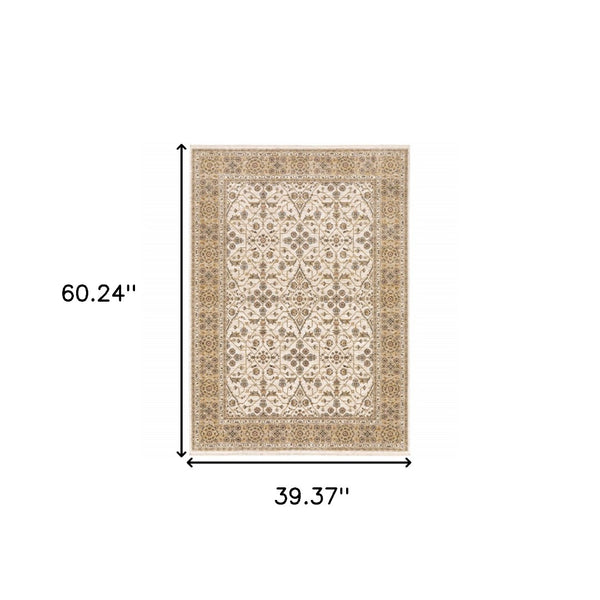 HomeRoots 2' Elegant Ivory and Gold Oriental Runner Rug – Stain-Resistant, Soft Cut Pile for High Traffic Areas 3' x 5' 509382