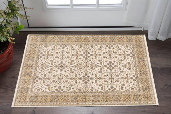HomeRoots 2' Elegant Ivory and Gold Oriental Runner Rug – Stain-Resistant, Soft Cut Pile for High Traffic Areas 3' x 5' 509382