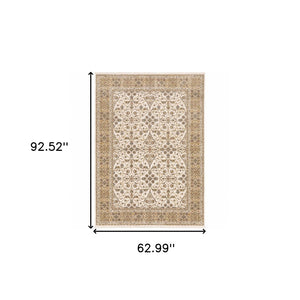 HomeRoots 2' Elegant Ivory and Gold Oriental Runner Rug – Stain-Resistant, Soft Cut Pile for High Traffic Areas 5' X 8' 509383