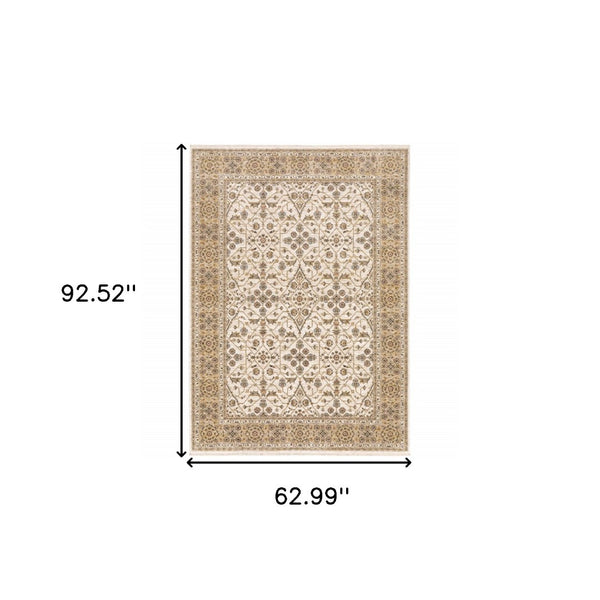 HomeRoots 2' Elegant Ivory and Gold Oriental Runner Rug – Stain-Resistant, Soft Cut Pile for High Traffic Areas 5' X 8' 509383