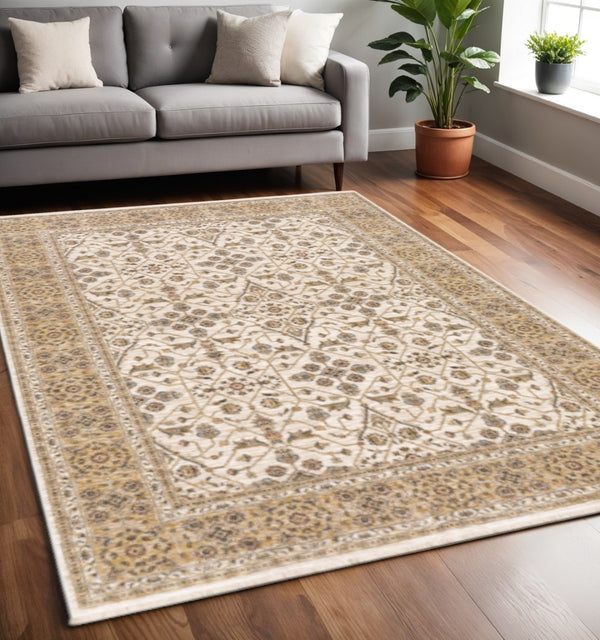 HomeRoots 2' Elegant Ivory and Gold Oriental Runner Rug – Stain-Resistant, Soft Cut Pile for High Traffic Areas 5' X 8' 509383