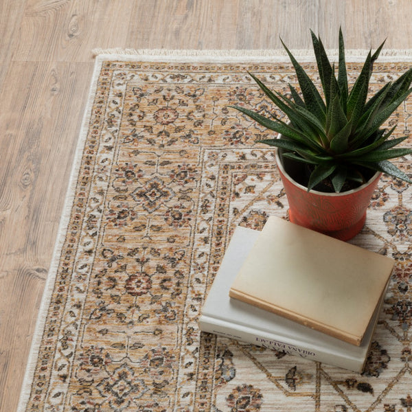HomeRoots 2' Elegant Ivory and Gold Oriental Runner Rug – Stain-Resistant, Soft Cut Pile for High Traffic Areas 5' X 8' 509383