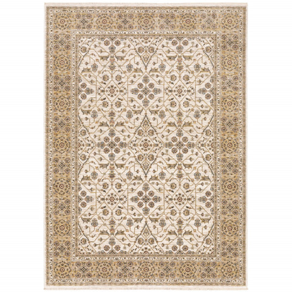 HomeRoots 2' Elegant Ivory and Gold Oriental Runner Rug – Stain-Resistant, Soft Cut Pile for High Traffic Areas 7' X 10' 509384