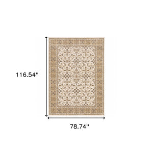 HomeRoots 2' Elegant Ivory and Gold Oriental Runner Rug – Stain-Resistant, Soft Cut Pile for High Traffic Areas 7' X 10' 509384