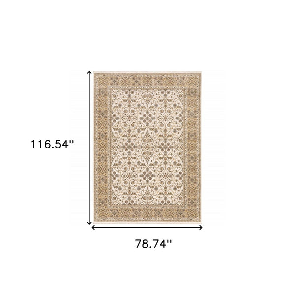 HomeRoots 2' Elegant Ivory and Gold Oriental Runner Rug – Stain-Resistant, Soft Cut Pile for High Traffic Areas 7' X 10' 509384