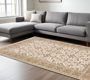 HomeRoots 2' Elegant Ivory and Gold Oriental Runner Rug – Stain-Resistant, Soft Cut Pile for High Traffic Areas 7' X 10' 509384